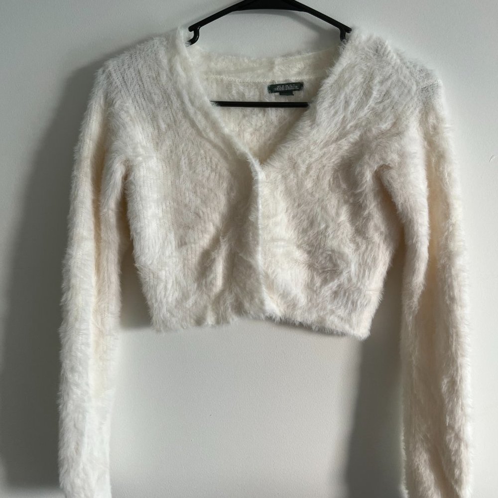 Fuzzy, Soft White Button-Up Cropped Sweater